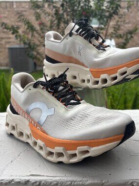 ON Cloudmonster running shoes cream orange white athletic sneakers womens 9.5